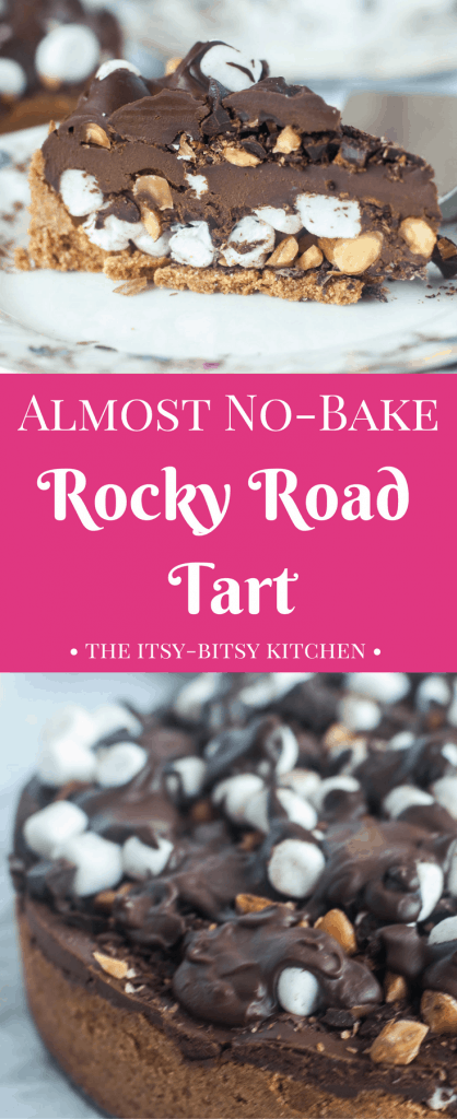 This rocky road tart is an almost no-bake dessert, packed with sweet marshmallows, crunchy nuts, and creamy chocolate. recipe via itsybitsykitchen.com #chocolate #rockyroad #dessert