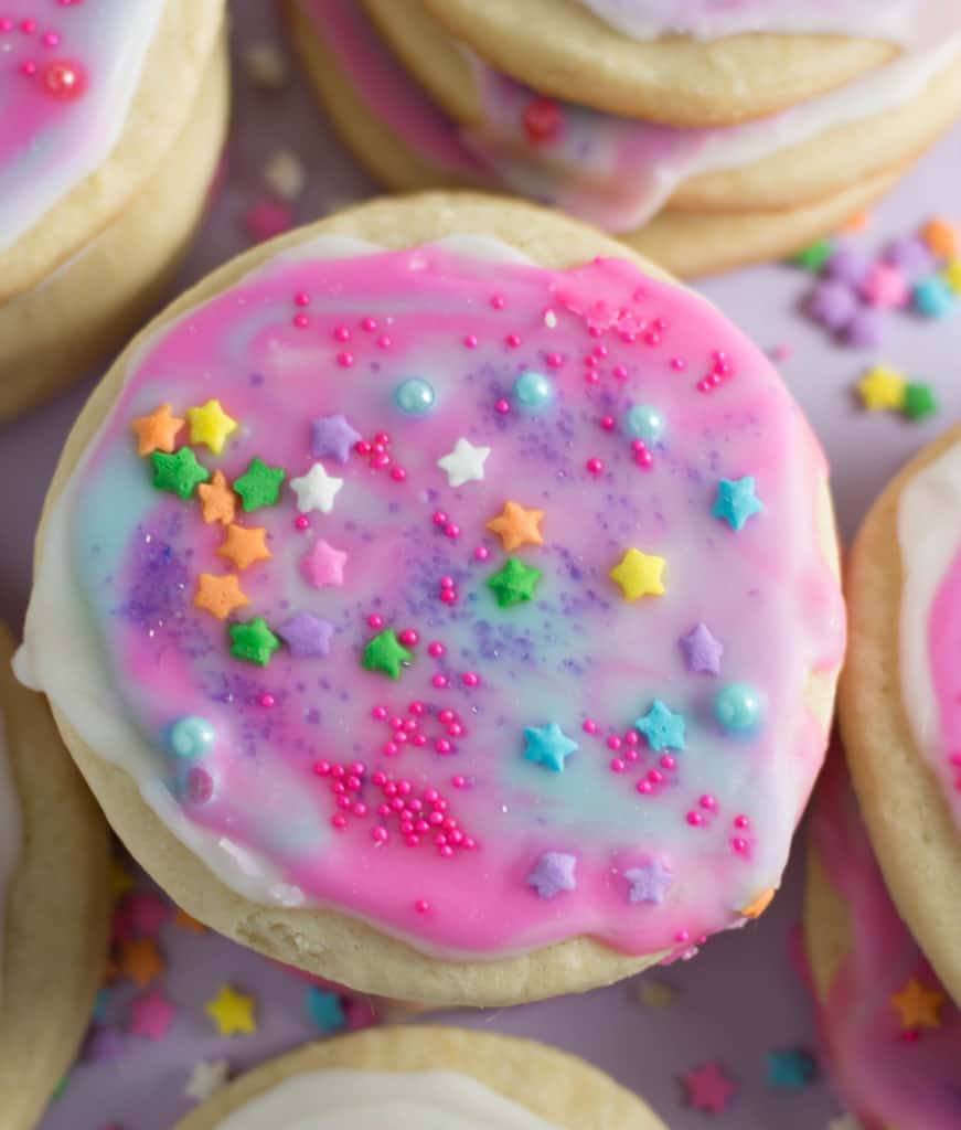 overhead photo of unicorn sugar cookies