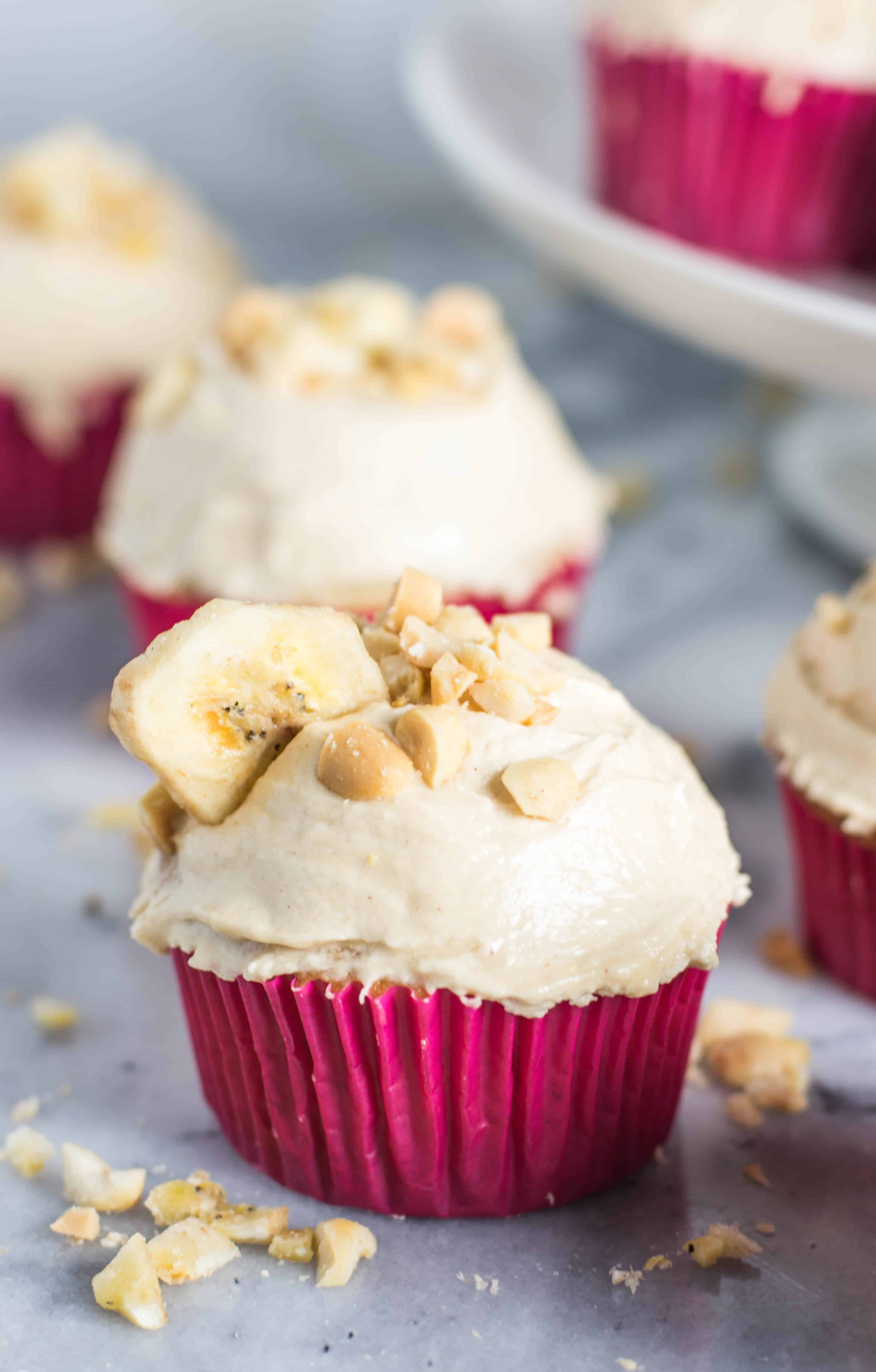 banana cupcake with peanut butter frosting