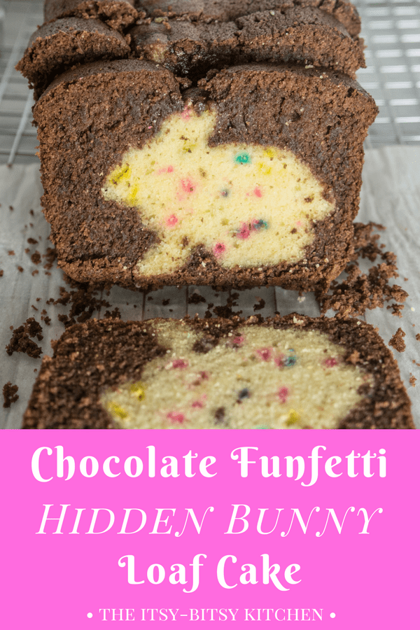 pinterest image for chocolate funfetti hidden bunny cake with text overlay