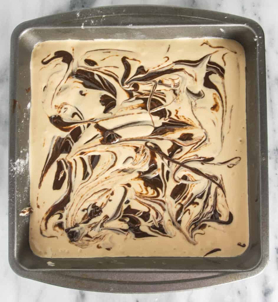 overhead shot of espresso cheesecake brownies before they go in the oven