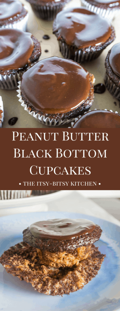 pinterest image for peanut butter black bottom cupcakes with text overlay