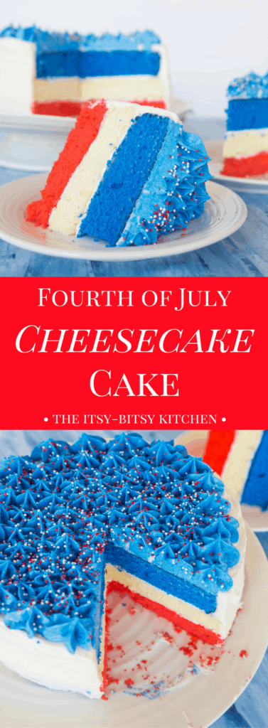Pinterest image for Fourth of July cheesecake cake with text overlay