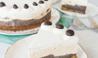 This easy peanut butter mocha ice cream cake features a shortcut cookie crust and layers of no churn ice cream, making it the perfect summer dessert!