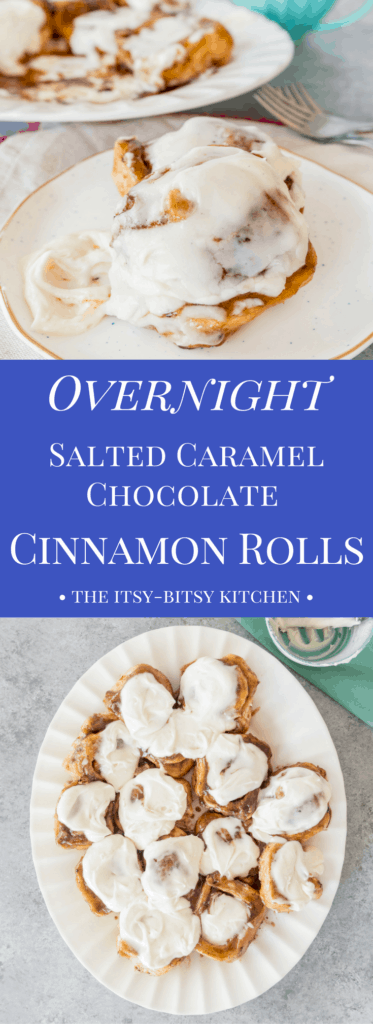 Pinterest image for overnight salted caramel chocolate cinnamon rolls with text overlay