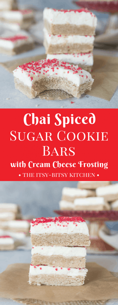 Chai spiced sugar cookie bars with cream cheese frosting are an easy and delicious Christmas cookie you’ll want to bake all winter long. Add some spice to your Christmas cookie trays with these beauties! recipe via itsybitsykitchen.com #sugarcookies #chaispice #cookiebars