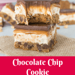 Chocolate chip cookie Snickers bars are a delicious hybrid of the classic cookie and delicious candy bar.  You need these homemade treats in your life! recipe via itsybitsykitchen.com #cookies #chocolate #cookiebars #snickers #homemade