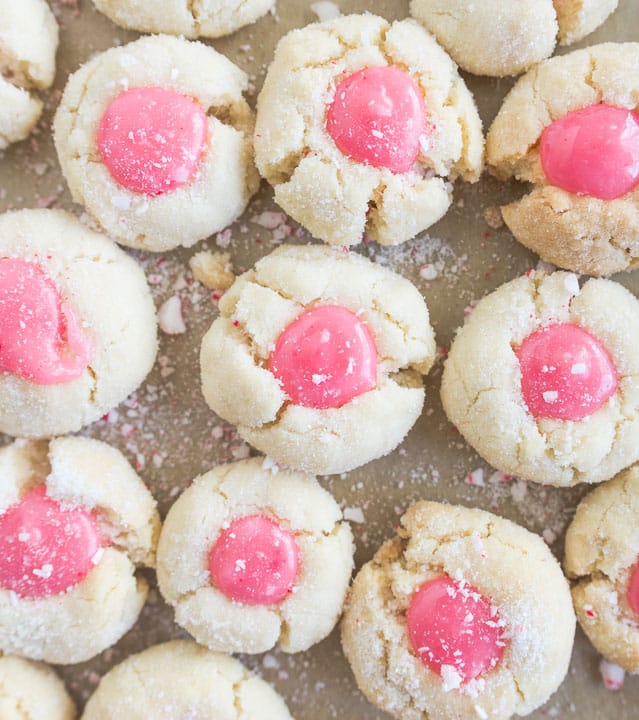 overhead shot of filled white chocolate peppermint thumbprint cookies
