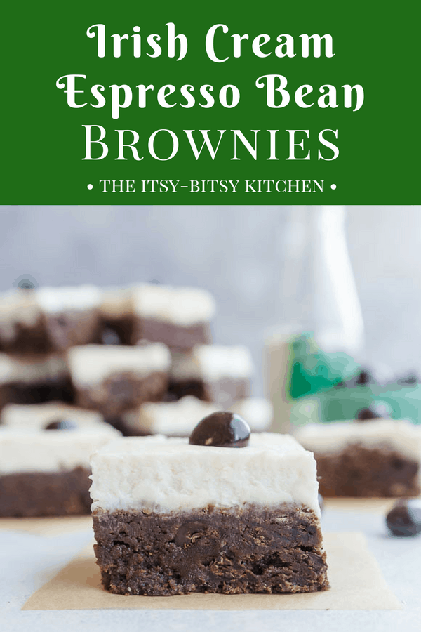 long pin for Irish cream espresso bean brownies with an image of a brownie sitting on a square of parchment with a blurry stack of brownies in the background