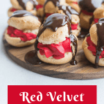Pinterest image for red velvet profiteroles with text overlay