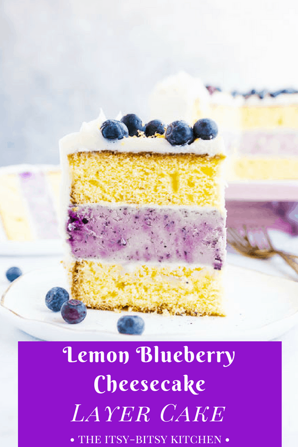 Pinterest image of a slice of lemon blueberry cheesecake layer cake with text overlay on a purple background