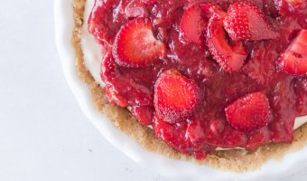 overhead shot of strawberry rhubarb cheesecake pie