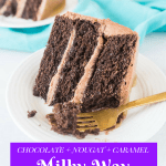 Pinterest image for chocolate caramel cake (Milky Way cake) with a piece of cake and text overlay