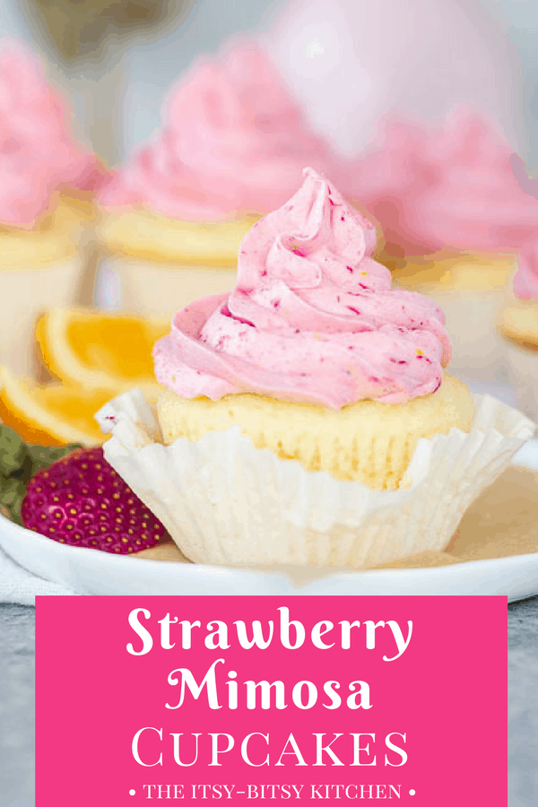 Pinterest image for champagne cupcakes with strawberry-orange buttercream (strawberry mimosa cupcakes) with text overlay