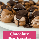 Pinterest image of chocolate profiteroles with text overlay