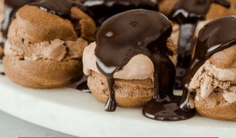 Pinterest image of chocolate profiteroles with text overlay
