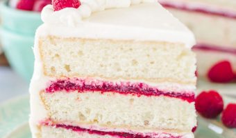slice of white chocolate raspberry cake sitting on a plate with a bowl of raspberries behind it