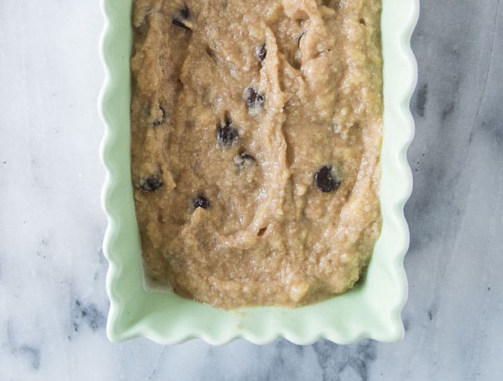 overhead shot of paleo chocolate chip banana bread before it goes into the oven