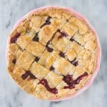 overhead shot of bumbleberry pie after it's been baked