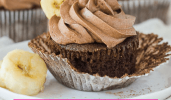 Pinterest image for chocolate banana cupcakes with text overlay