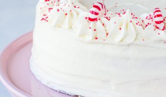 completed peppermint cake on a cake stand