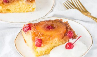 slice of easy pineapple upside-down cake on a plate