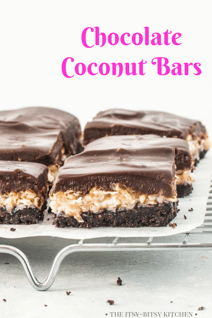 pinterest image for chocolate coconut bars with text overlay