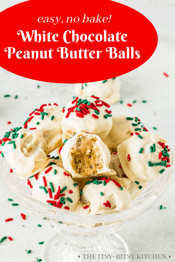 pin image for peanut butter balls with Christmas sprinkles