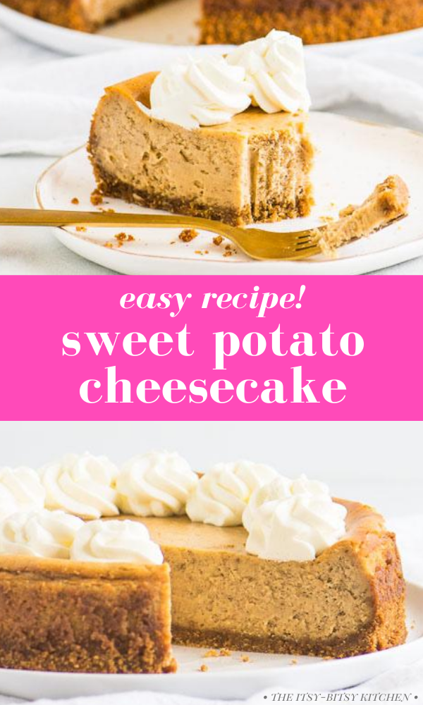 pin image with two photos of cheesecake and text overlay