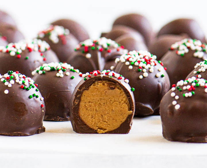 cookie butter truffles with red and green sprinkles