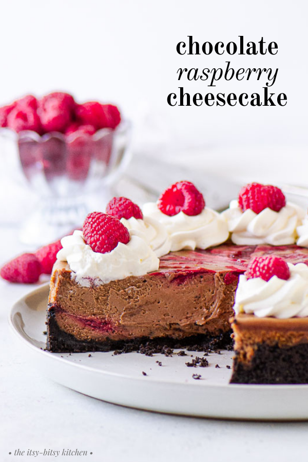 pinterest image for chocolate raspberry cheesecake