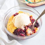dish of cobbler with a fork in it