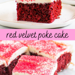 pinterest image for red velvet poke cake with text