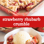 pin image for strawberry rhubarb crumble with text