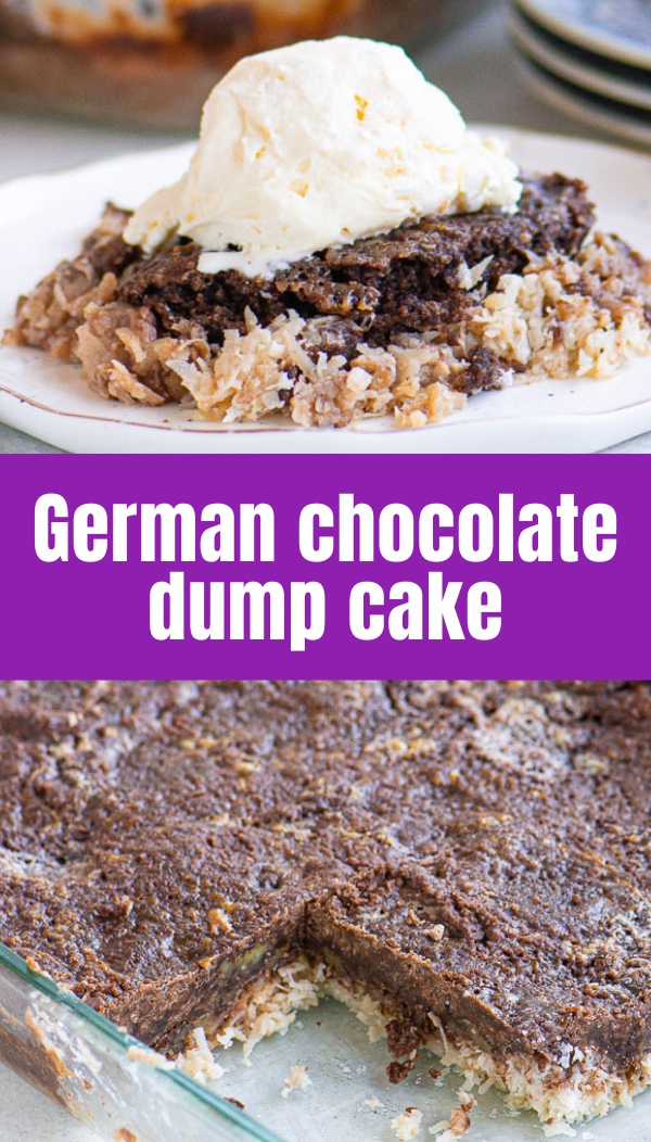 pinterest image of German chocolate upside -down cake with text overlay