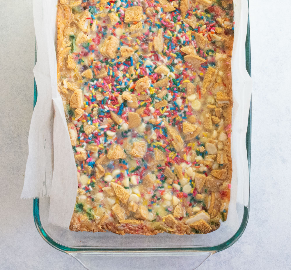 birthday cake bars in pan after baking